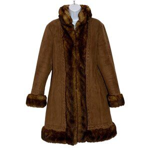 Incognita Brown Faux Suede/Fur Trimmed Mid-Length Coat Studded SZ M Penny Lane